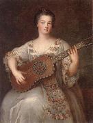 unknow artist Portrait of a young lady,three-quarter length,wearing a floral and ivory lace-trimmed dress,playing the guitar Spain oil painting artist